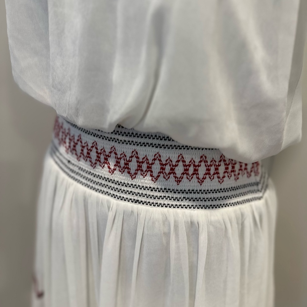 Free People Sz:L White Chiffon Flowy Boho Summer Dress Aztec Tribal Embroidery. - Picture 12 of 15